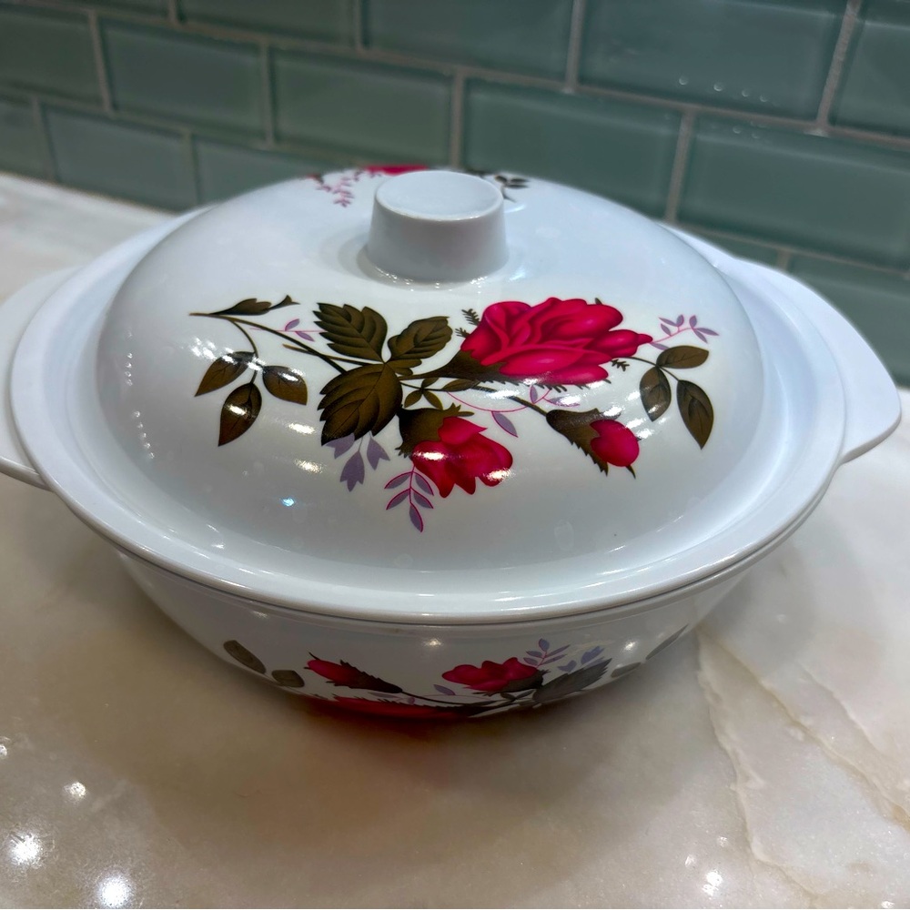 Vintage Melamine Ware Covered Casserole Dish with Roses